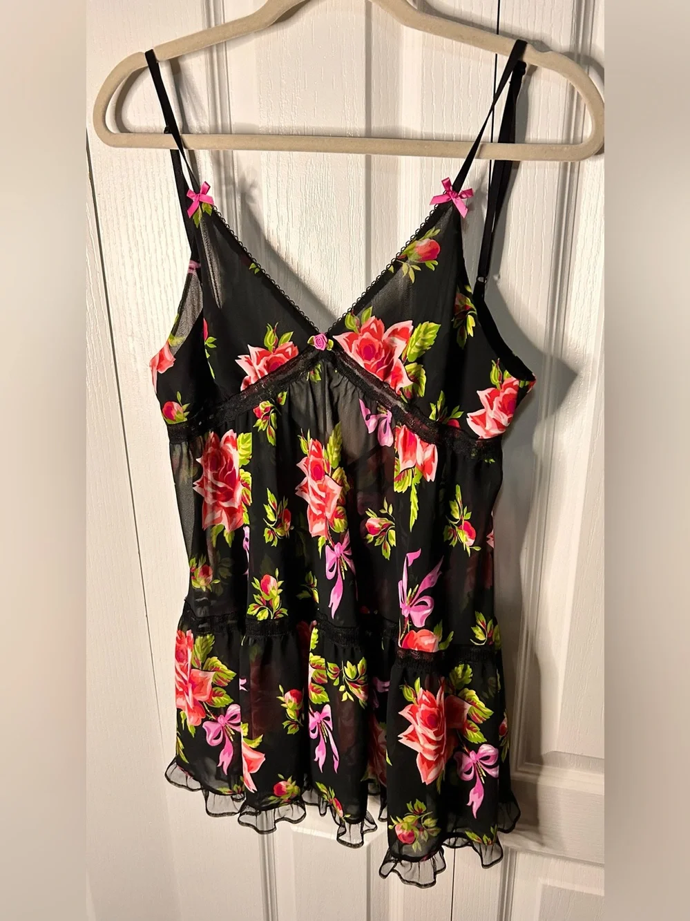 Betsey Johnson Babydoll Chemise Womens Large Floral Sheer Ruffle Coquette Dress‎